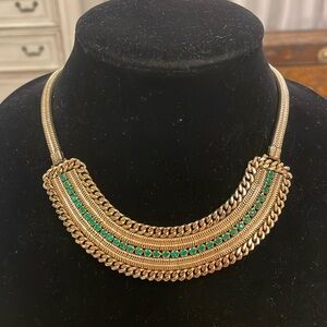 Vintage Regel Gold Tone Green Rhinestone Choker Collar Bib Statement Necklace